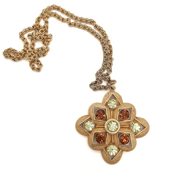 Sarah Coventry Jewelry - VTG Sarah Coventry Gold Tone Byzantine Style Brown & Green Rhinestone Necklace